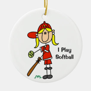 Blonde Hair Stick Figure Softball Female Ceramic Ornament