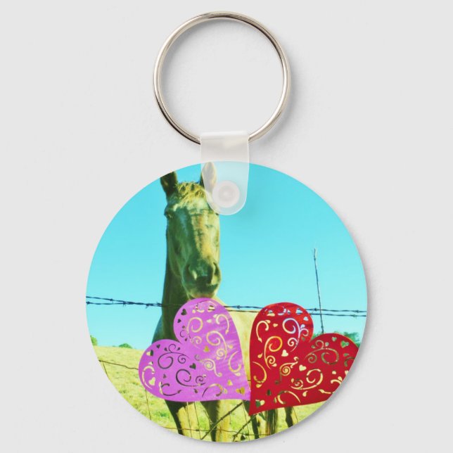 Blonde horse and Pink and Red Hearts Key Ring (Front)