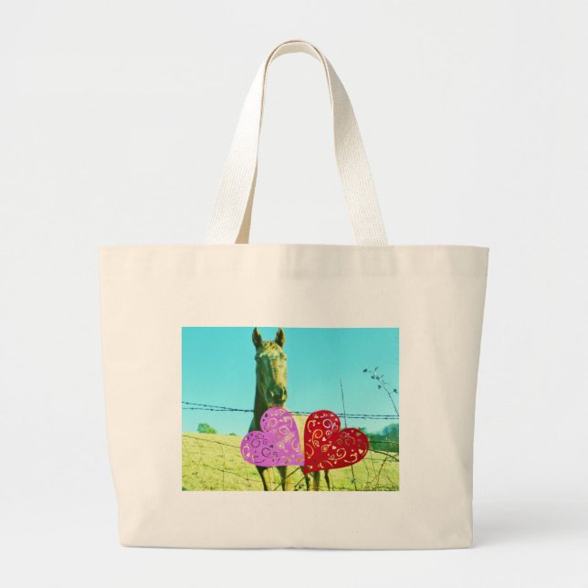 Blonde horse and Pink and Red Hearts Large Tote Bag (Front)