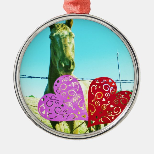Blonde horse and Pink and Red Hearts Metal Ornament (Front)