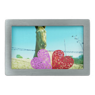 Blonde horse and Pink and Red Hearts Rectangular Belt Buckle