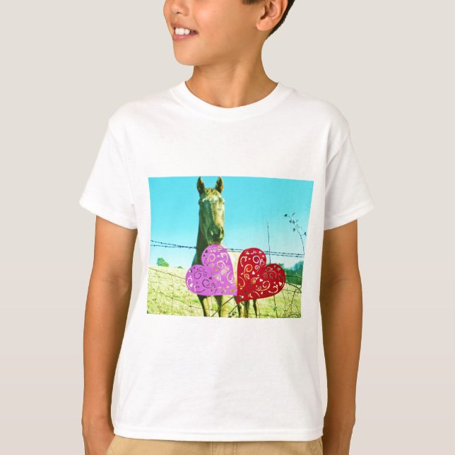 Blonde horse and Pink and Red Hearts T-Shirt (Front)