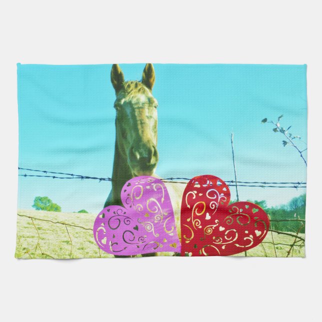 Blonde horse and Pink and Red Hearts Tea Towel (Horizontal)
