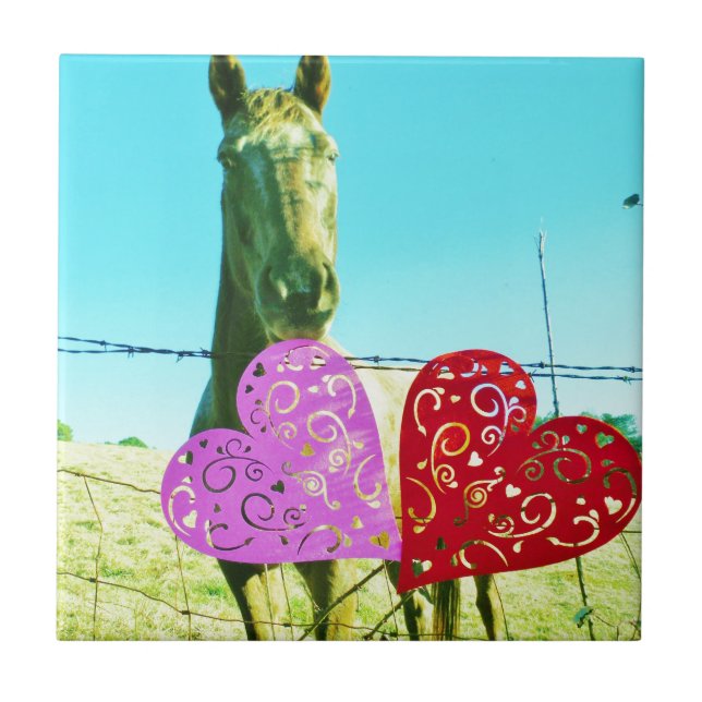 Blonde horse and Pink and Red Hearts Tile (Front)