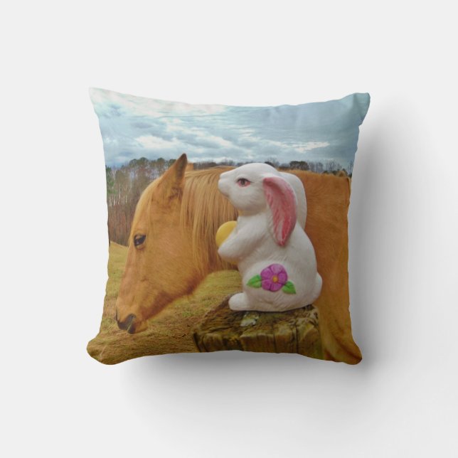 Blonde horse & Easter Spring flower Bunny Cushion (Front)