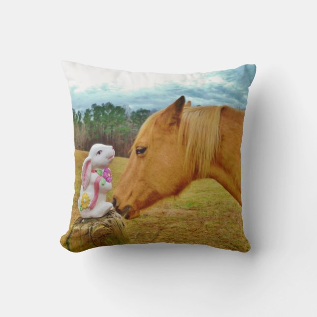 Blonde horse & Easter Spring flower Bunny Cushion (Front)