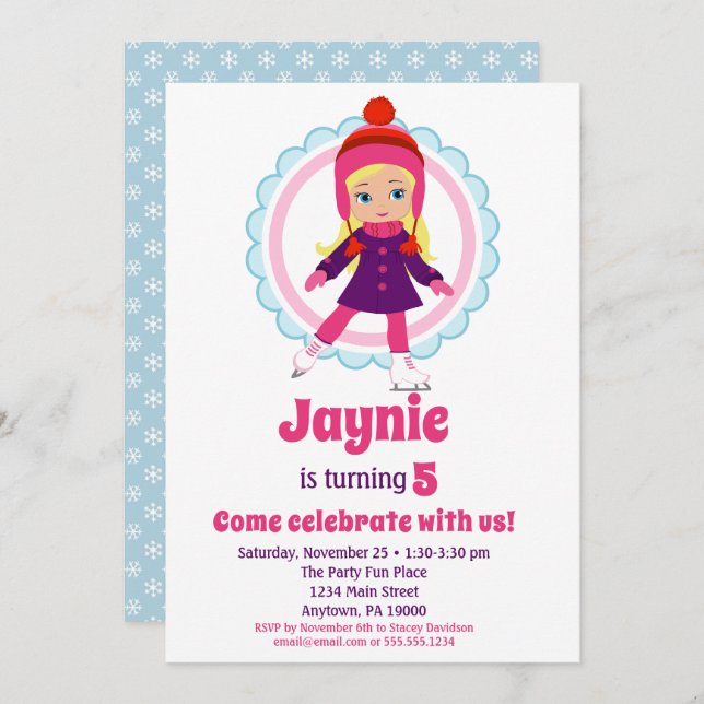 Blonde Ice Skater Birthday Party Invitation (Front/Back)