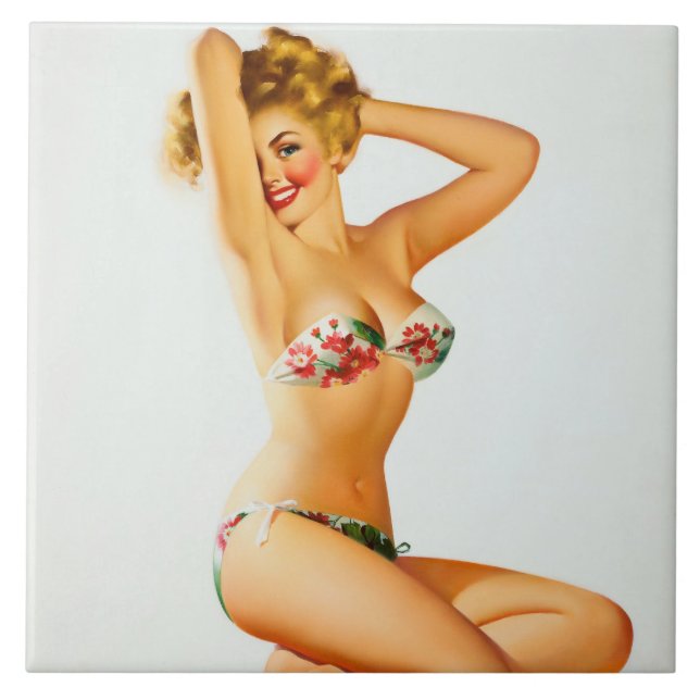 Blonde in bikini pin up ceramic tile (Front)