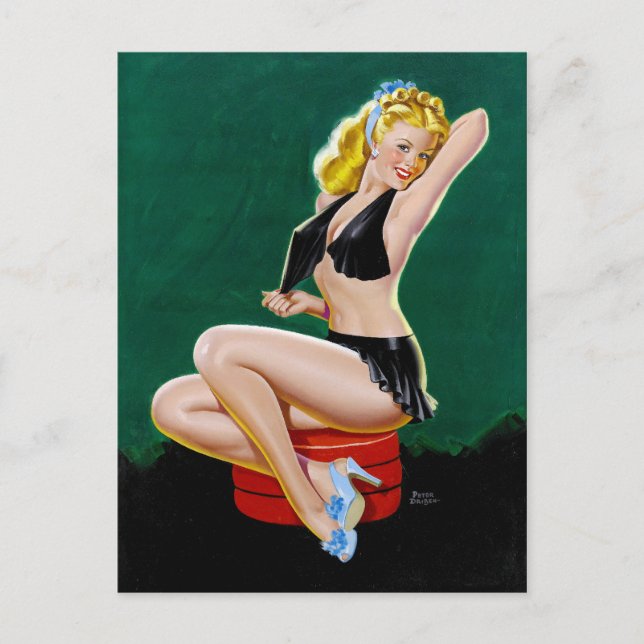 Blonde in Blue Slippers Pin Up Postcard (Front)