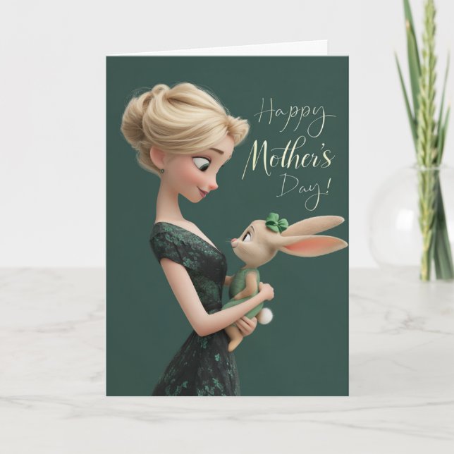 Blonde in Green With Baby Bun Bun Mother's Day Card (Front)