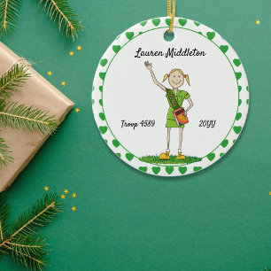 Blonde Junior Girl Scouting Green Heart Shape Ceramic Ornament