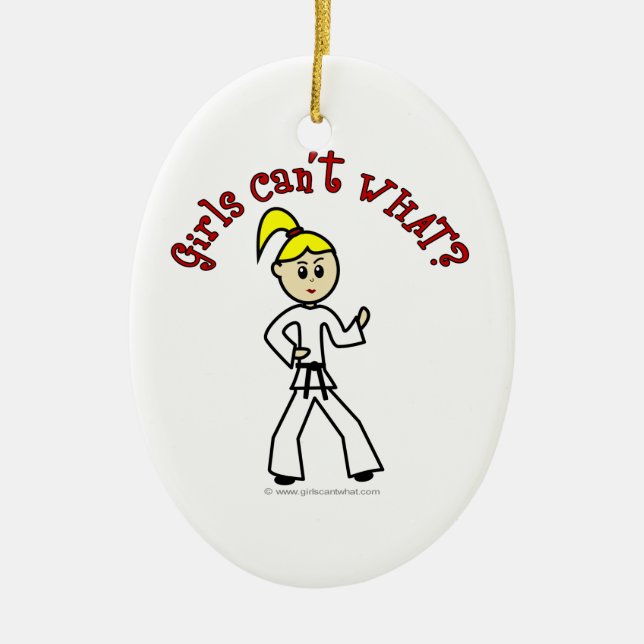 Blonde Karate Girl Ceramic Tree Decoration (Front)