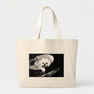 Blonde Lhasa apso in a dog bed Large Tote Bag