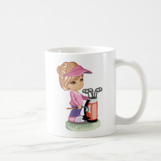 Blonde little girl playing golf coffee mug