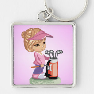Blonde little girl playing golf key ring
