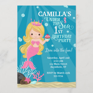 Blonde Mermaid 1ST Birthday Invitation