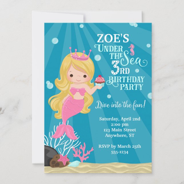 Blonde Mermaid 3RD Birthday Invitation (Front)