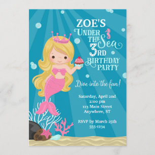 Blonde Mermaid 3RD Birthday Invitation