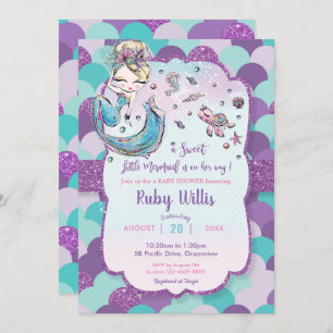 Blonde Mermaid Baby Shower Under the Sea Purple Invitation