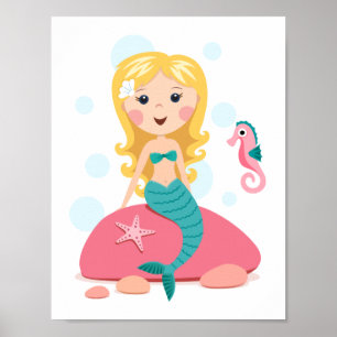 Blonde mermaid cartoon girl with starfish seahorse poster