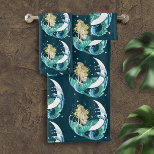 Blonde Mermaid Crescent Moon Fantasy Art Deco Bath Towel Set