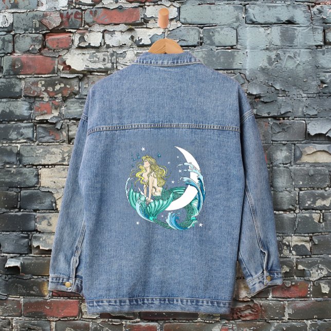Blonde Mermaid Crescent Moon Fantasy Art Deco Denim Jacket (Creator Uploaded)