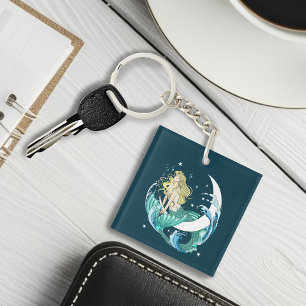 Blonde Mermaid Crescent Moon Fantasy Art Deco Key Ring