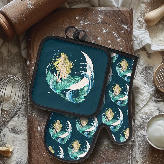 Blonde Mermaid Crescent Moon Fantasy Art Deco Oven Mitt & Pot Holder Set (Creator Uploaded)