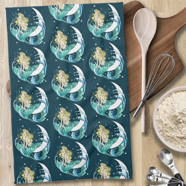 Blonde Mermaid Crescent Moon Fantasy Art Deco Tea Towel (Creator Uploaded)