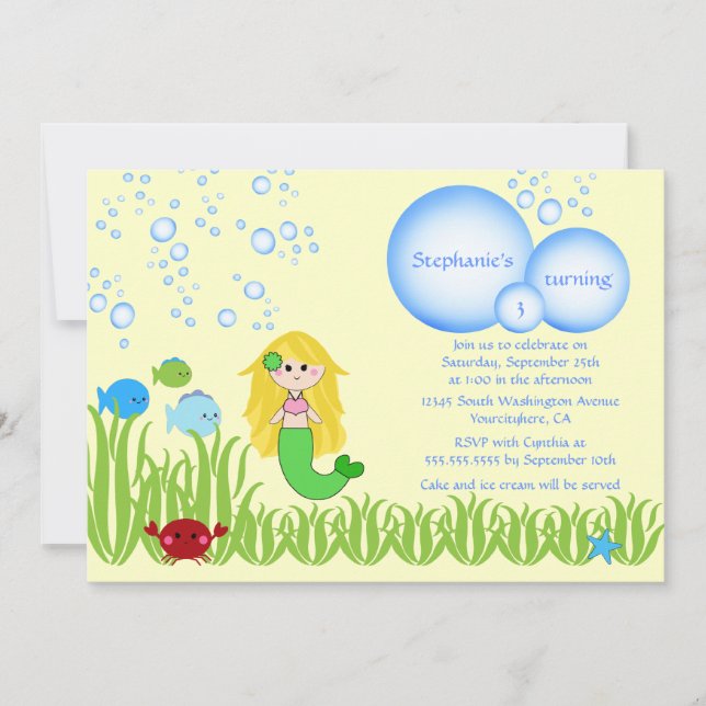 Blonde mermaid cute girl birthday party invitation (Front)