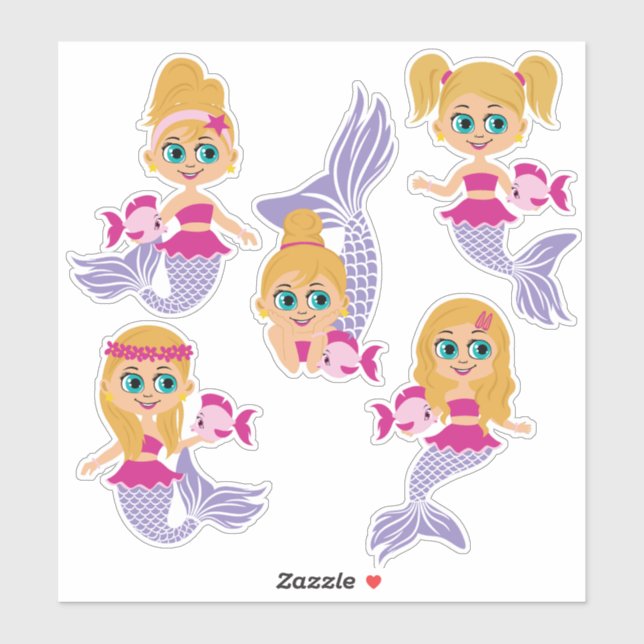 Blonde Mermaid Girl Sticker Sheet (5 Stickers) (Sheet)