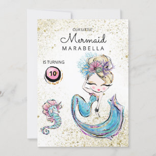*~* Blonde Mermaid Gold Glitter Hair Birthday Invitation