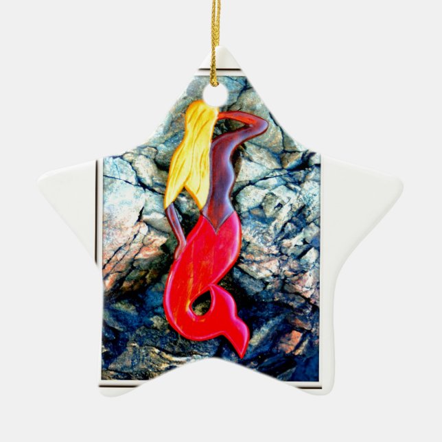 blonde mermaid in red ceramic ornament (Front)