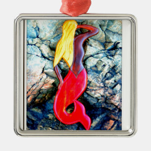 blonde mermaid in red metal tree decoration