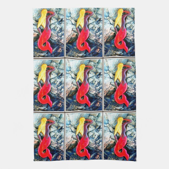blonde mermaid in red tea towel (Vertical)