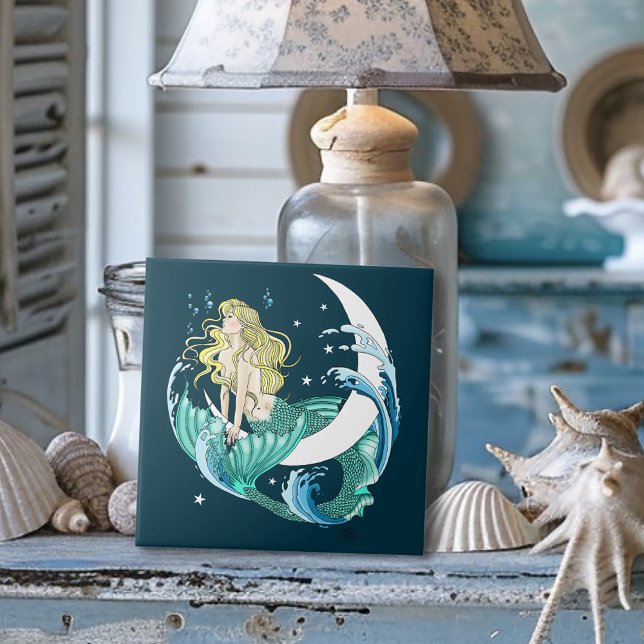 Blonde Mermaid Moon Fantasy Art Deco Ceramic Tile (Creator Uploaded)