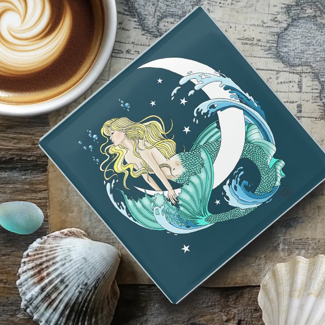 Blonde Mermaid Moon Fantasy Art Deco Glass Coaster (Creator Uploaded)