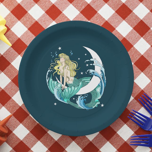 Blonde Mermaid Moon Fantasy Art Deco Paper Plate (Creator Uploaded)