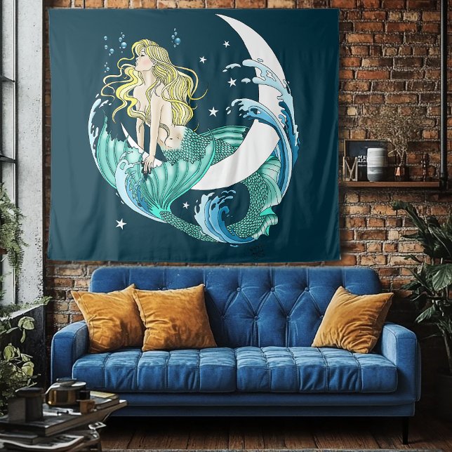 Blonde Mermaid Moon Fantasy Art Deco Tapestry (Creator Uploaded)