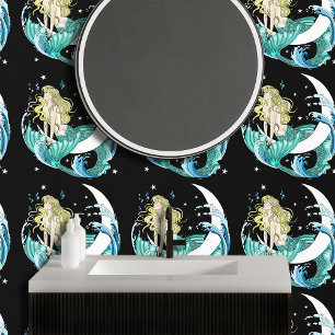 Blonde Mermaid Moon Fantasy Art Deco Wallpaper