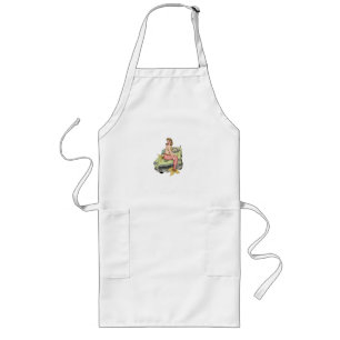 Blonde Mermaid on Vintage Green Car Watercolor Ill Long Apron