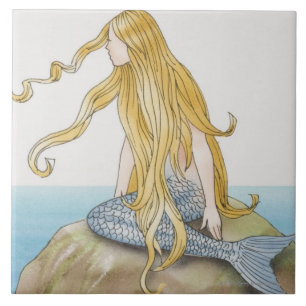 Blonde mermaid sitting on sea rock, side view. ceramic tile