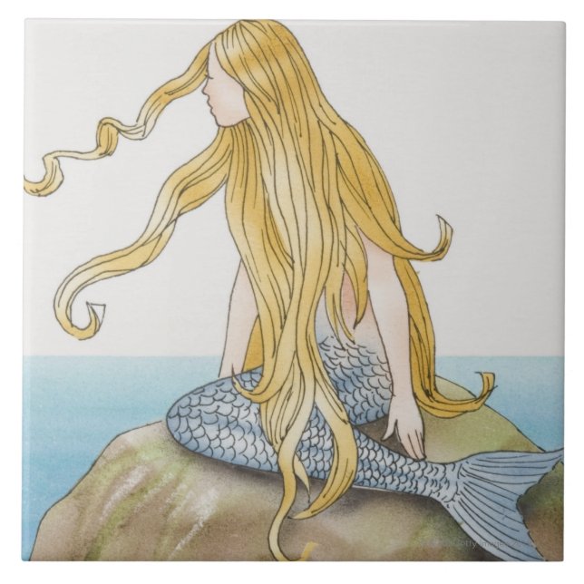 Blonde mermaid sitting on sea rock, side view. ceramic tile (Front)
