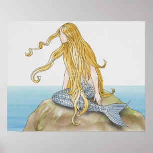 Blonde mermaid sitting on sea rock, side view. poster