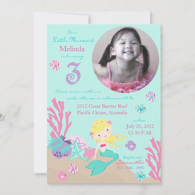 Blonde Mermaid Third Birthday Invitation (Front)