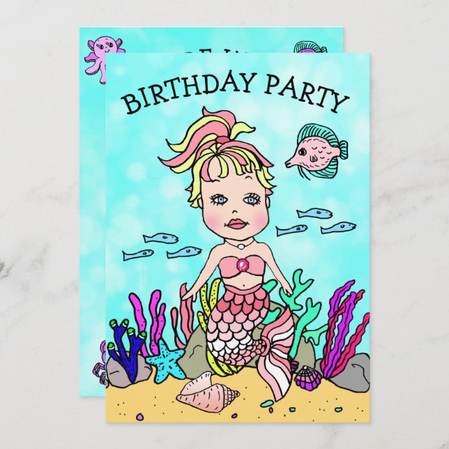 Blonde Mermaid Under the Sea Birthday Party Invitation (Front/Back)