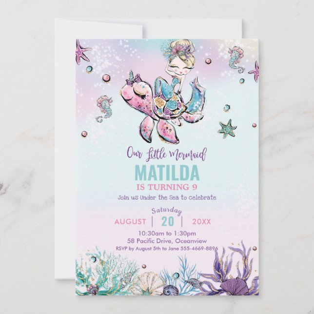 Blonde Mermaid Under the Sea Birthday Party Invitation (Front)