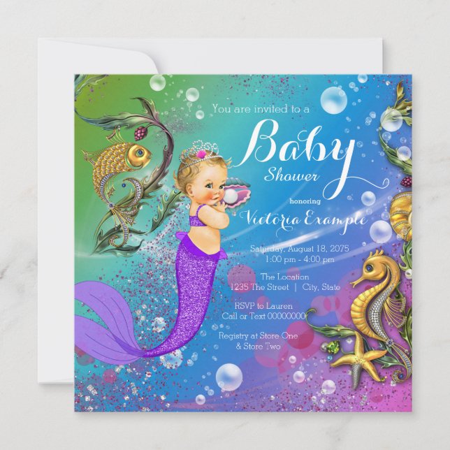 Blonde Mermaid Under the Sea Mermaid Baby Shower Invitation (Front)