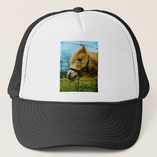 Blonde Miniature Pony / Horse Blue Sky Trucker Hat (Front)