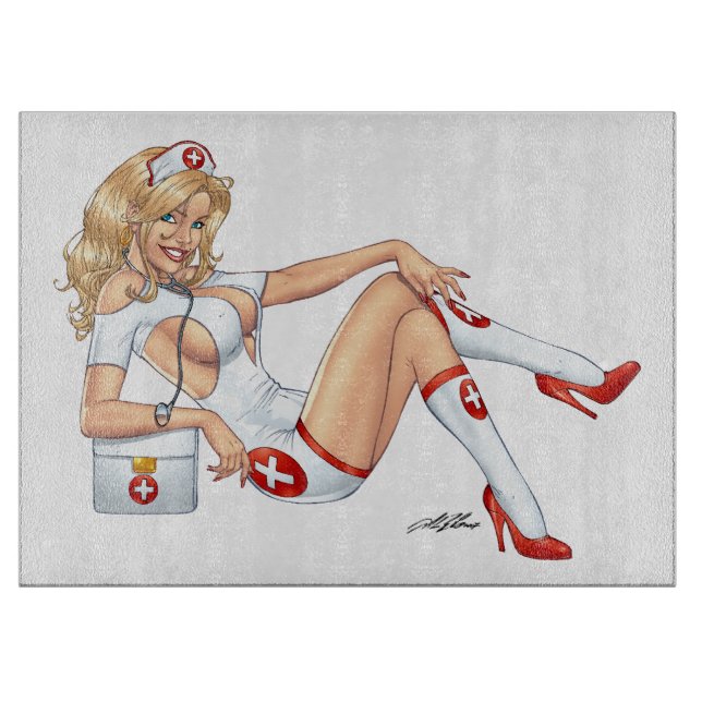 Blonde Nurse In Uniform Pulling Up Stockings Cutting Board (Front)